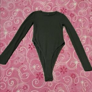 SHEIN Dark Green Ribbed Long Sleeve Bodysuit